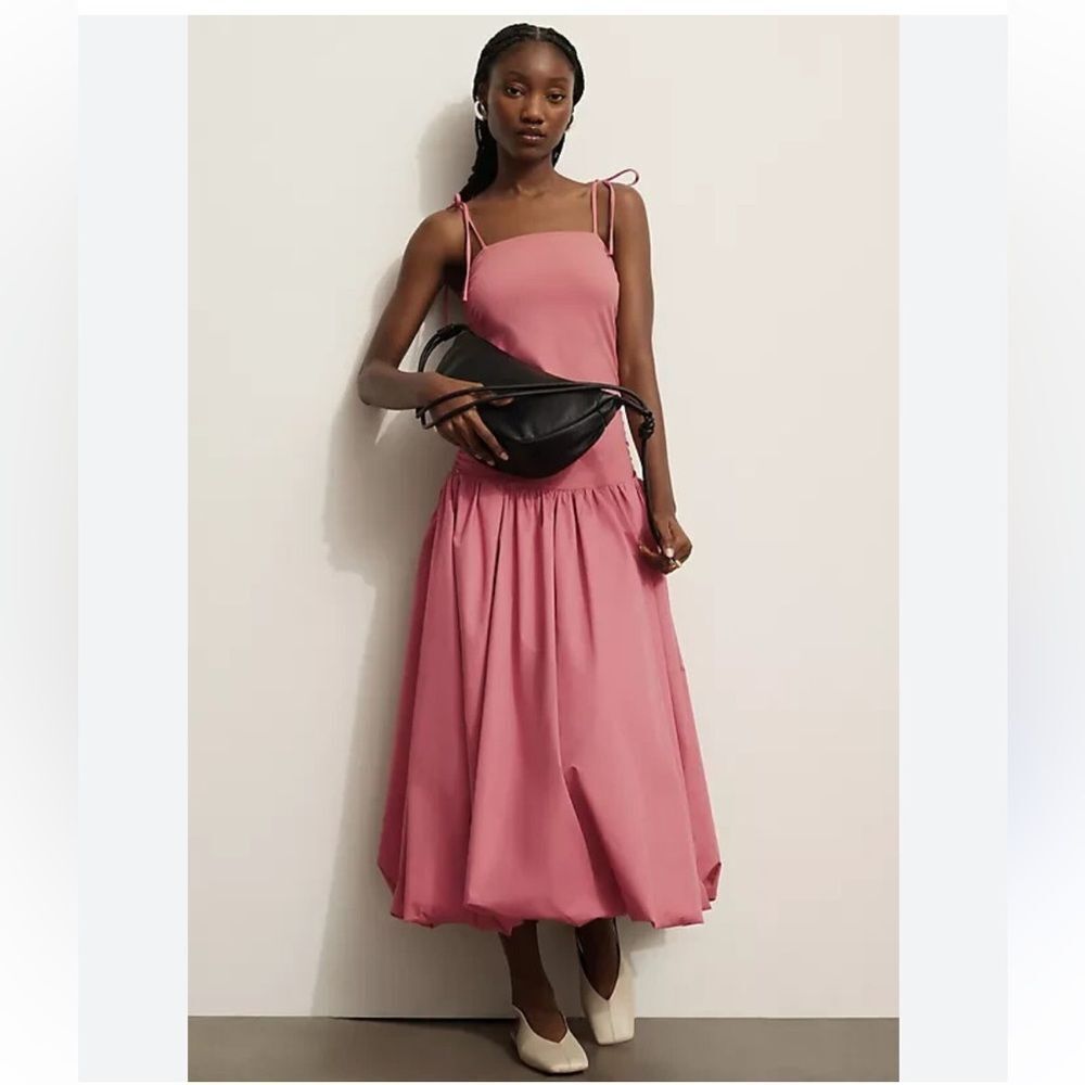Anthropologie Mare Mare Sleeveless Drop-Waist Bubble-Hem Midi Dress Rose - Picture 2 of 7